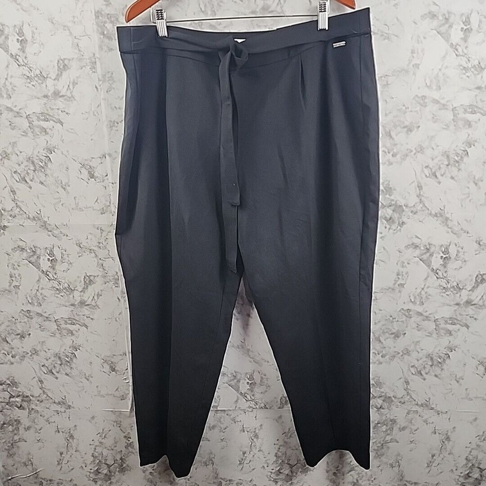 Nine West Ankle Pants Women XXL Black Tie Waist Stretch Trousers Career Slit Hem